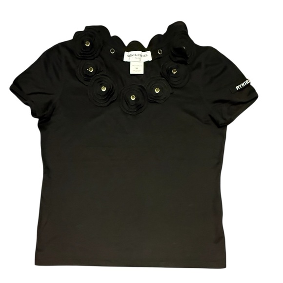 Sonia Rykiel Black Floral Ruffle Embellished Short Sleeve Top Blouse Medium - Picture 1 of 10